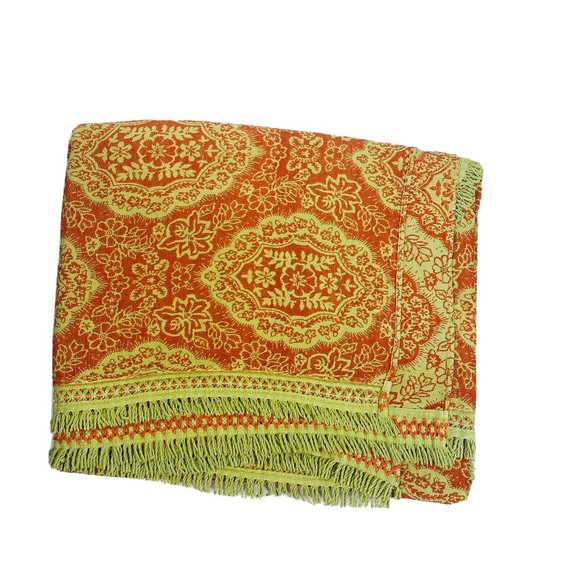 Antique Orange & Gold Large Coverlet Blanket Quilt Fringe Embroidery Vintage WOW - Picture 2 of 10